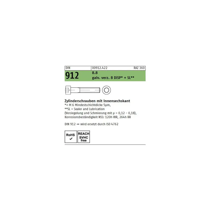 Schnäppchen DIN 912 Zylinderschraube - verzinkt - DiSP + SL - ISK - M20x180 - 25 Stück