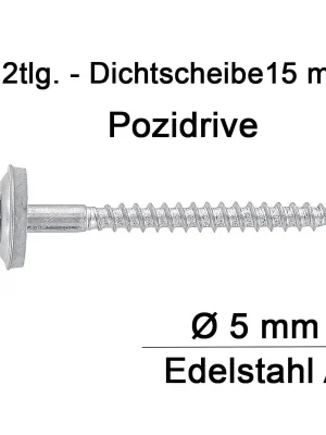 Bestpreis Spenglerschrauben - 5 mm - PZ2 - 2tlg - 15mm Dichtscheibe - Edelstahl A2