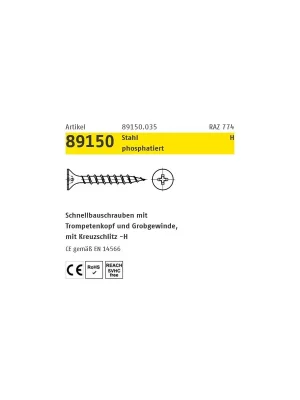 Abverkauf ART 89150 Schnellbauschraube Stahl 5,5 x 38 -H phosphatiert VE=500