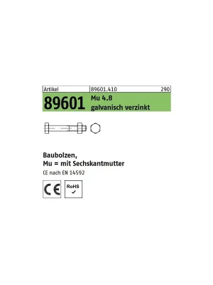 ART 89601 Baubolzen mit Mutter CE 4.8 M 16 x 100 galv. verzinkt gal Zn VE = 50 Stück Zertifiziert