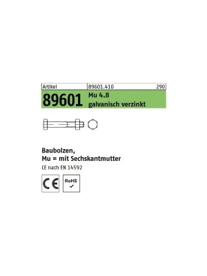 Preiswert ART 89601 Baubolzen mit Mutter CE 4.8 M 16 x 320 galv. verzinkt gal Zn VE = 25 Stück
