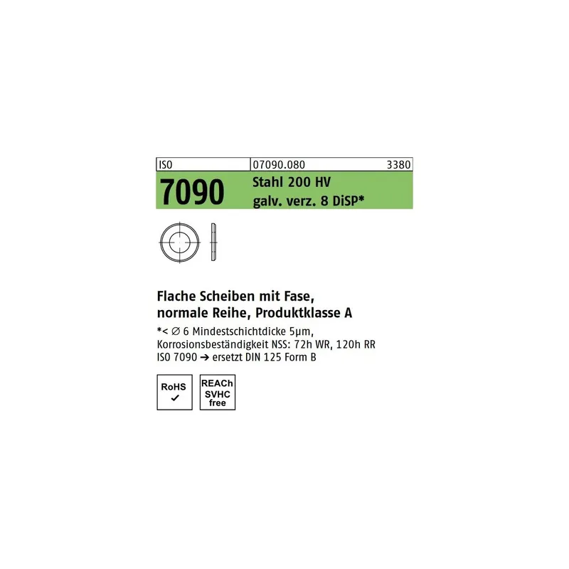 ISO 7090 Stahl 200 HV galv. verz. 8 DiSP Flache Scheiben mit Fase, normale Reihe, Produktklasse A - Abmessung 6 (1000 Stück) Wochenendangebot