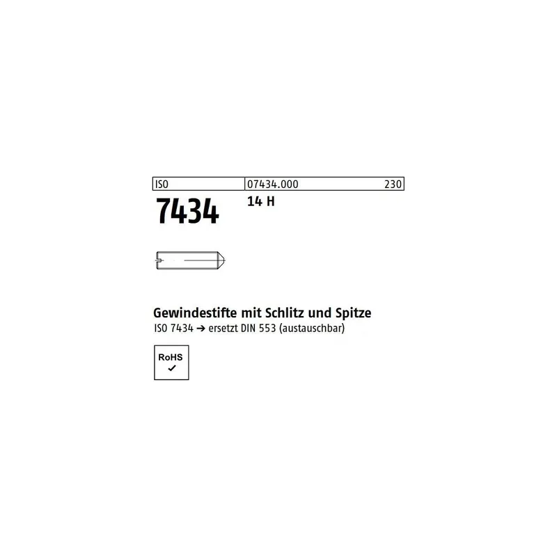 Abverkauf ISO 7434 14 H Gewindestifte mit Schlitz und Spitze - Abmessung M 8 x 40 (100 Stück)