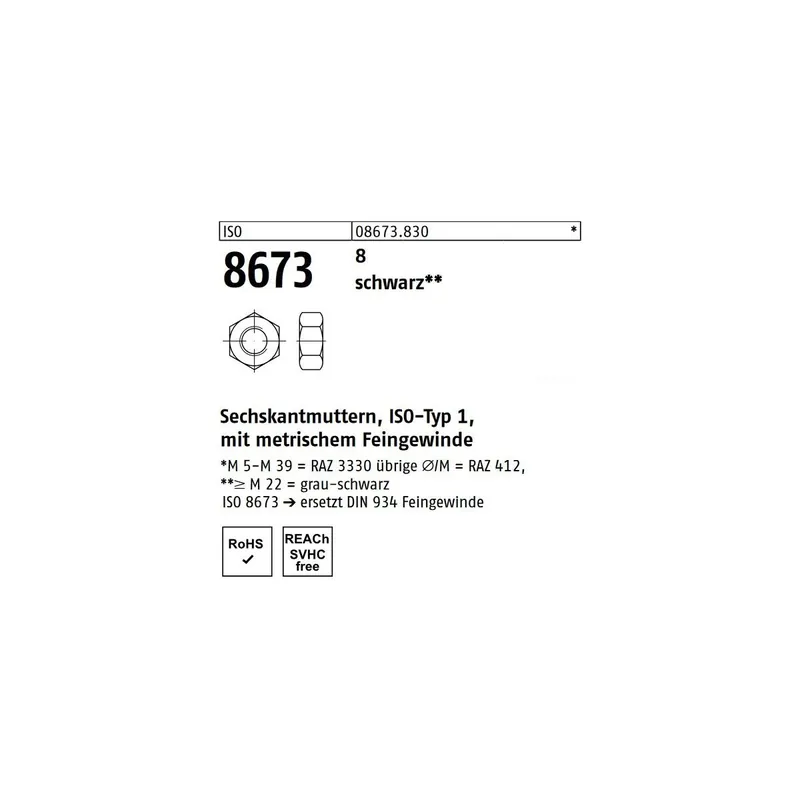 ISO 8673 Sechskantmutter - Stahl 8 - schwarz - Feingewinde - M48x3 - 1 Stück Solange Der Vorrat Reicht
