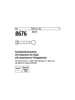 Abverkauf ISO 8676 Sechskantschraube - Stahl 10.9 - VG - Feingewinde - M12x1,25x65 - 50 Stück