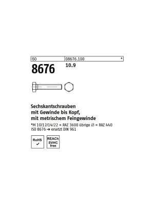 Abverkauf ISO 8676 Sechskantschraube - Stahl 10.9 - VG - Feingewinde - M18x1,5x45 - 50 Stück