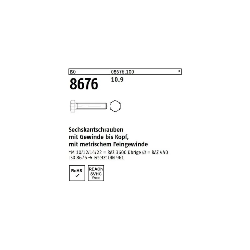 Abverkauf ISO 8676 Sechskantschraube - Stahl 10.9 - VG - Feingewinde - M18x1,5x45 - 50 Stück