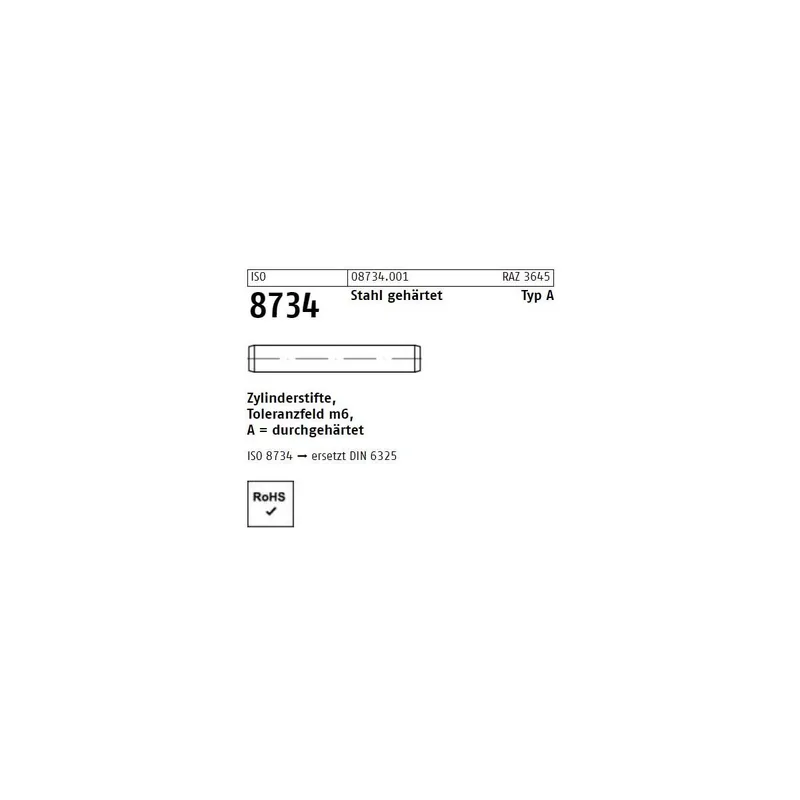 ISO 8734 Stahl gehärtet Typ A Zylinderstifte, Toleranzfeld m6, durchgehärtet - Abmessung 10 m6 x 22 (100 Stück) Angebot
