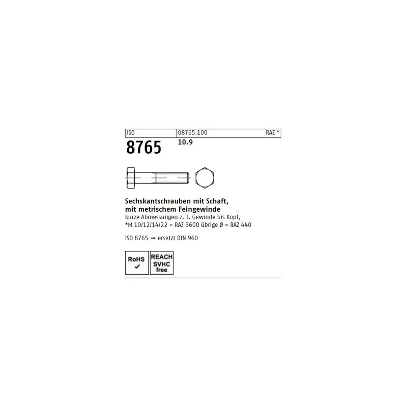 Sonderangebot ISO 8765 8.8 Sechskantschrauben mit Schaft, mit metrischem Feingewinde - Abmessung M 12 x1,25x 40 (100 Stück)