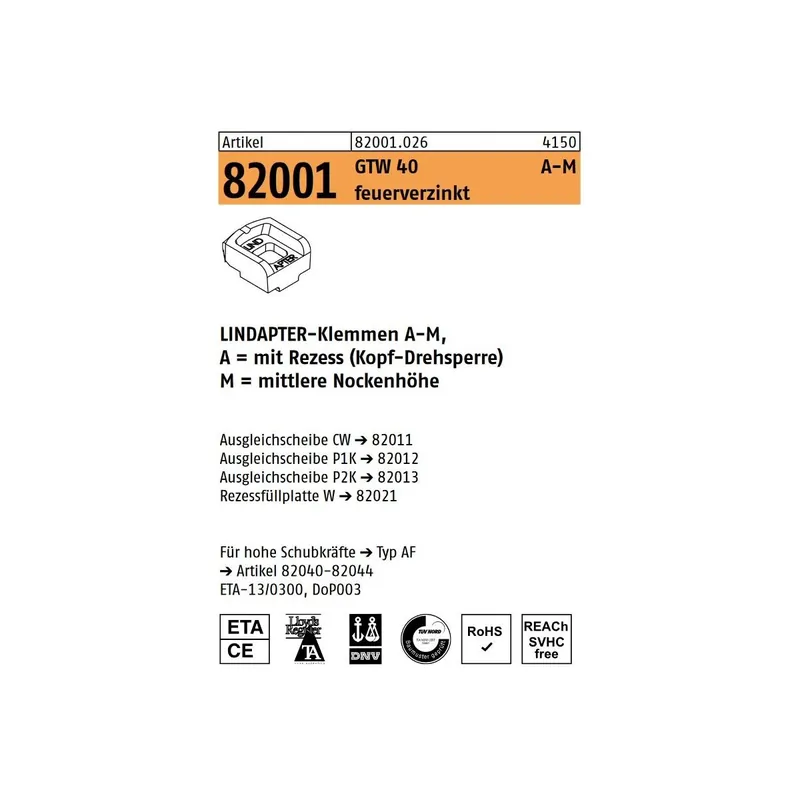 Artikel 82001 GTW 40 A-M feuerverzinkt LINDAPTER-Klemmen A-M mit Rezess (Kopf-Drehsperre), mittlere Nockenhöhe - Abmessung MM 10 / 5,0** (1 Stück) Bestseller