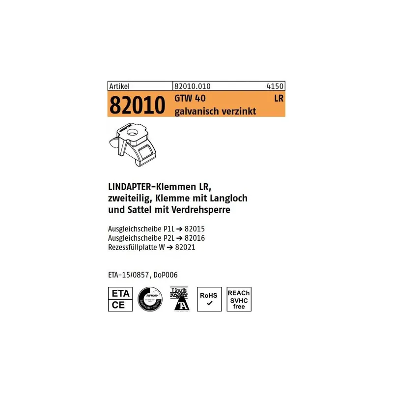 Billig Artikel 82010 GTW 40 LR galvanisch verzinkt LINDAPTER-Klemmen LR, zweiteilig, Klemme mit Langloch u. Sattel mit Verdrehsperre - Abmessung M 20 / 3 - 20 (1 Stück)