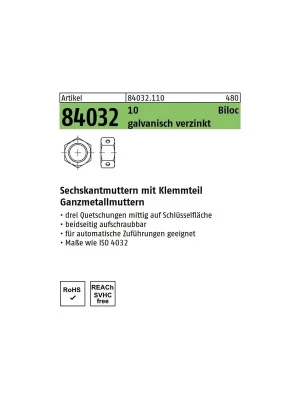 Abverkauf ART 84032 Biloc-Muttern Kl. 10 M 6 galv. verzinkt gal Zn VE = 1000 Stück
