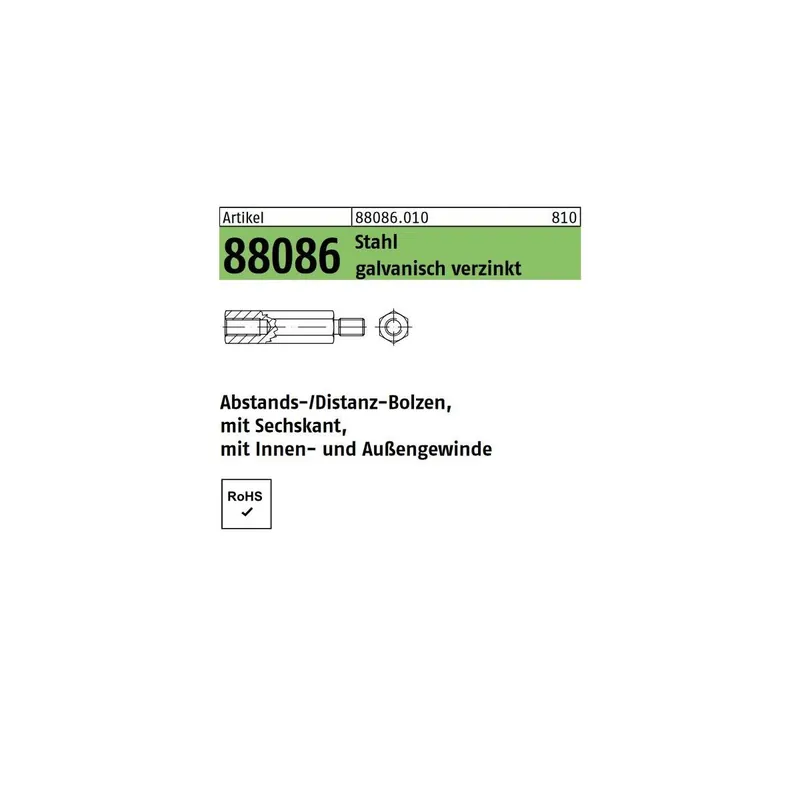 Neue Ware Sechskant Abstand-/Distanzbolzen - M4x45 - 8 mm - ISK / SW 7 - verzinkt - 100 Stück