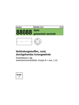 Abverkauf ART 88088 runde Verbindungsmuffen Stahl verzinkt M10x40x13 50St.