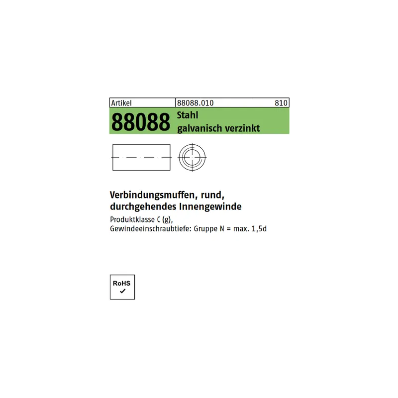 Abverkauf ART 88088 runde Verbindungsmuffen Stahl verzinkt M10x40x13 50St.