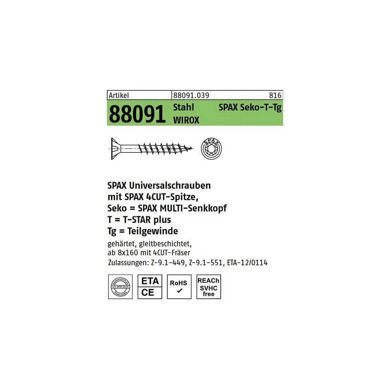 Mega-Angebot Artikel 88091 St. SPAX Seko-T-Tg Oberfläche WIROX SPAX Holzbauschrauben mit Spitze, SPAX MULTI-Senkkopf, Teilgewinde, T-STAR - Abmessung 12 x 280/100-T50 (25 Stück)