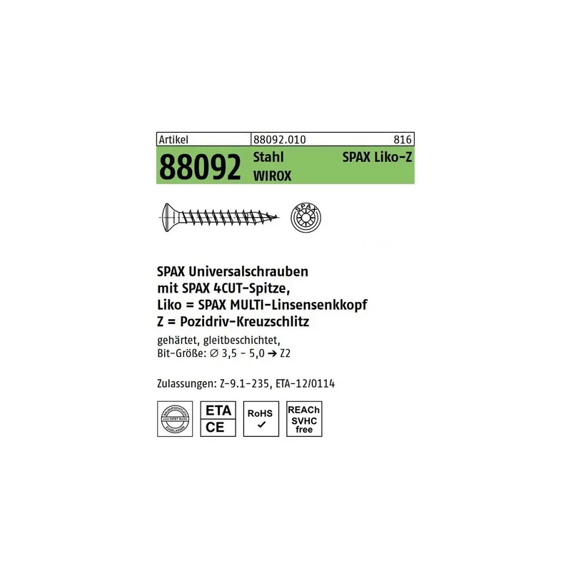ART 88092 SPAX St. 3,5 x 16/12 -Z WIROX, LIKO gal Zn VE= 1000 Stück Beliebt
