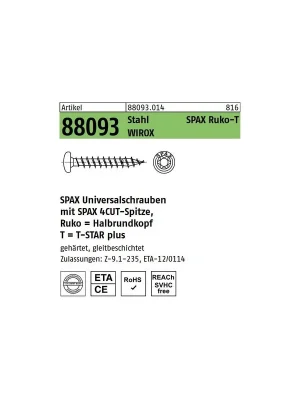 Abverkauf Artikel 88093 Stahl SPAX Ruko-T Oberfläche WIROX SPAX Universalschrauben mit Spitze, SPAX MULTI-Halbrundkopf, T-STAR - Abmessung 3 x 12/11-T10 (200 Stück)