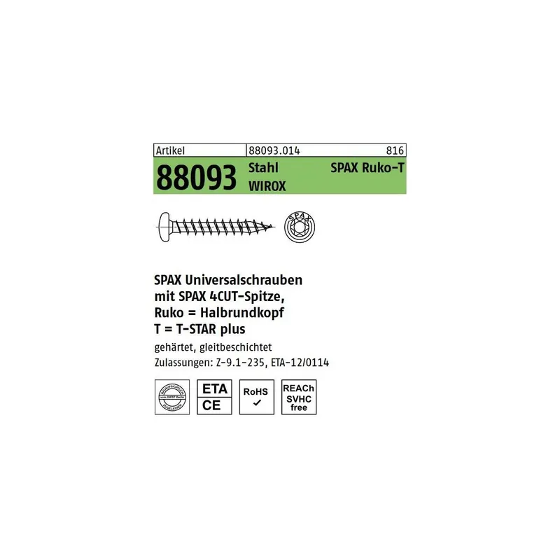 Abverkauf Artikel 88093 Stahl SPAX Ruko-T Oberfläche WIROX SPAX Universalschrauben mit Spitze, SPAX MULTI-Halbrundkopf, T-STAR - Abmessung 3 x 12/11-T10 (200 Stück)