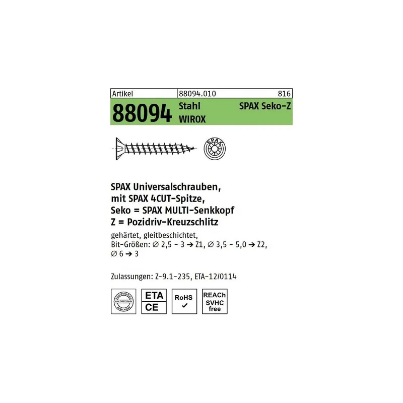Artikel 88094 Stahl SPAX Seko-Z Oberfläche WIROX SPAX Universalschrauben mit Spitze, SPAX MULTI-Senkkopf, Pozidriv-KS - Abmessung 5 x 120/69-Z (200 Stück) Angebot