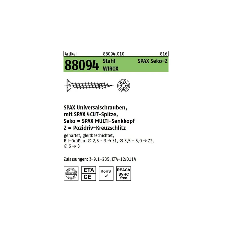 Aktuell Artikel 88094 Stahl SPAX Seko-Z Oberfläche WIROX SPAX Universalschrauben mit Spitze, SPAX MULTI-Senkkopf, Pozidriv-KS - Abmessung 4,5 x 80/59-Z (100 Stück)