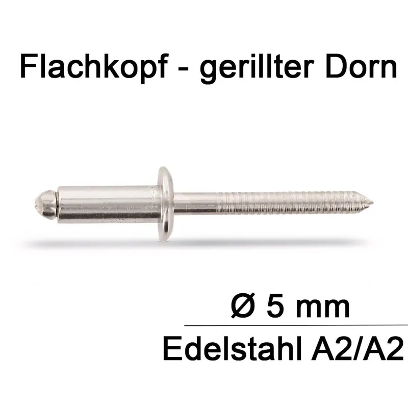 Abverkauf Blindnieten ISO 15983 - 5x26 - mit Flachkopf - gerilltem Nietdorn - A2/A2 - 250 Stück