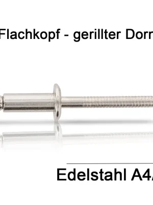Zertifiziert Blindnieten ISO 15983 A4/A4 (V4A) – 4,0 x 20 mm – Flachkopf – gerillter Nietdorn – 500 Stück