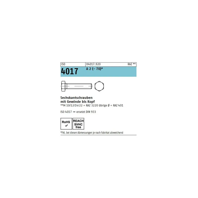 Zertifiziert ISO 4017 A2-70 M 22X110 Sechskantschrauben mit Gewinde bis Kopf - 10 Stück