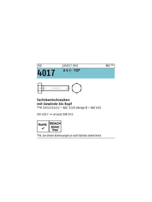 Abverkauf ISO 4017 A4-70 M 22X60 Sechskantschrauben mit Gewinde bis Kopf - 25 Stück