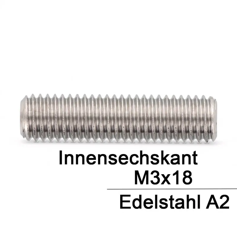 Gewindestifte ISO 4026 (=DIN 913) - M3x18 - Kegelkuppe und Innensechskant - A2 - 500 Stück Highlight