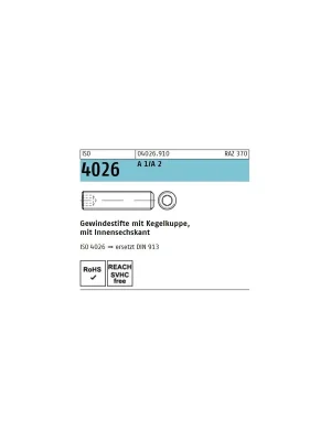 Zertifiziert Gewindestifte ISO 4026 - M6x60 - Kegelkuppe und Innensechskant - A2 - 200 Stück