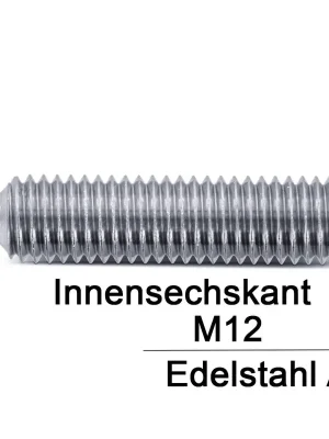 Zertifiziert Gewindestifte ISO 4027 (=DIN 914) - M12x50 - mit Spitze und Innensechskant - A4 - 100 Stück