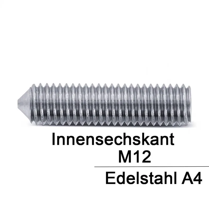 Zertifiziert Gewindestifte ISO 4027 (=DIN 914) - M12x50 - mit Spitze und Innensechskant - A4 - 100 Stück