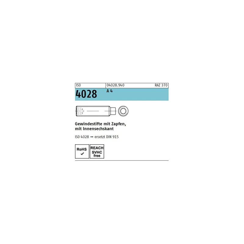 Zertifiziert ISO 4028 A4 M 2,5X10 Gewindestifte mit Innensechskant und Zapfen - 500 Stück
