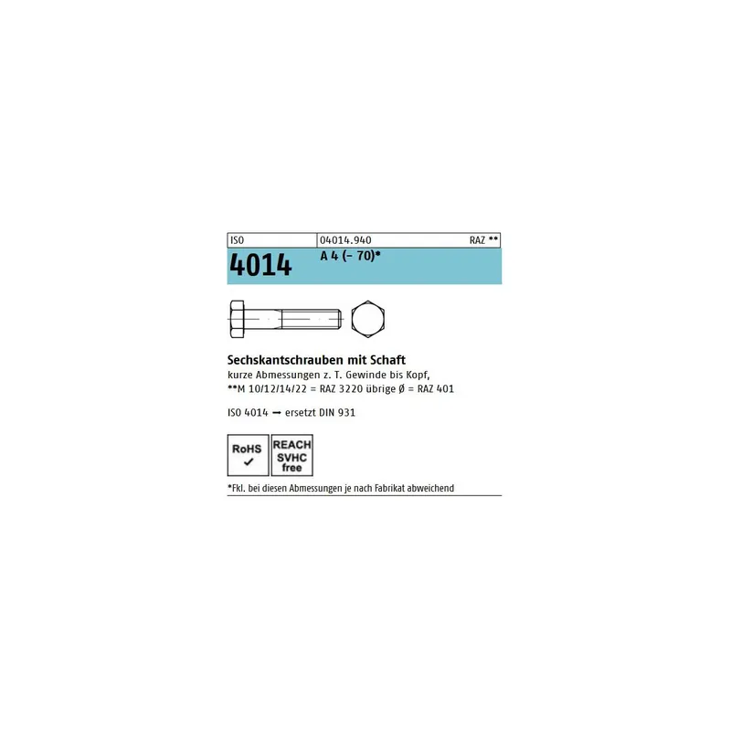 ISO 4014 6KT-Schrauben Edelstahl A4 M24x190 1St. Solange Der Vorrat Reicht