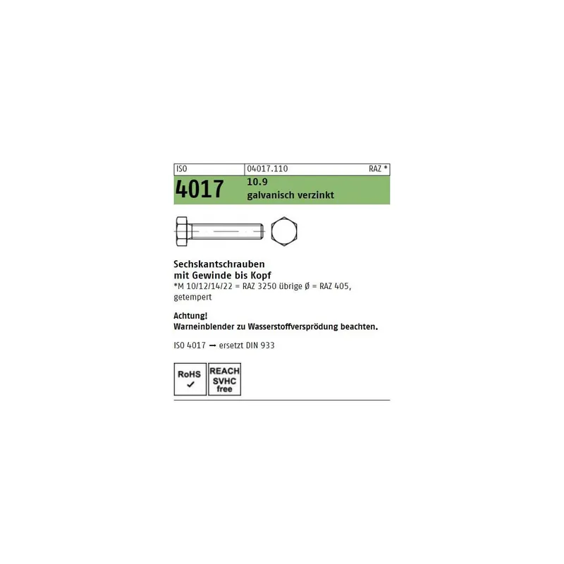 Abverkauf ISO 4017 6KT-Schrauben Stahl 10.9 verzinkt M16x70 25St.