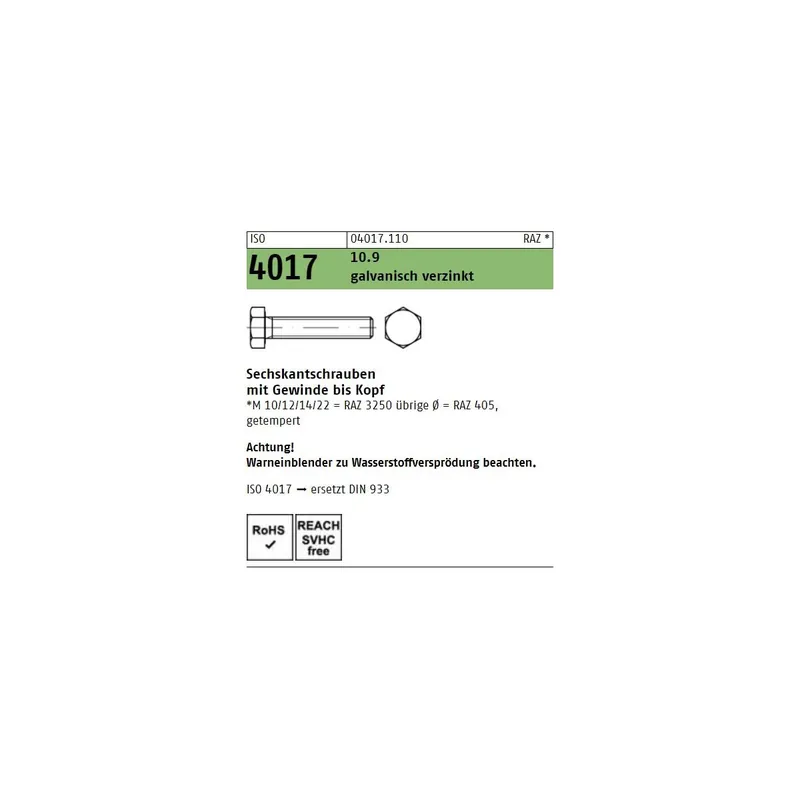 Rabatt ISO 4017 6KT-Schrauben Stahl 10.9 verzinkt M20x75 25St.
