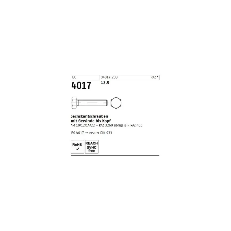 ISO 4017 12.9 Sechskantschrauben mit Gewinde bis Kopf - Abmessung M 12 x 30 (100 Stück) Mega-Angebot