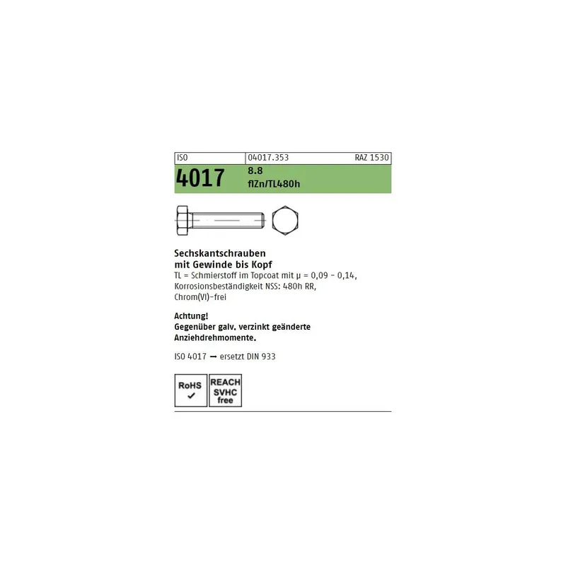 Top-Seller ISO 4017 6KT-Schrauben Stahl 8.8 Zinklamellenbeschichtung M6x20 500St.