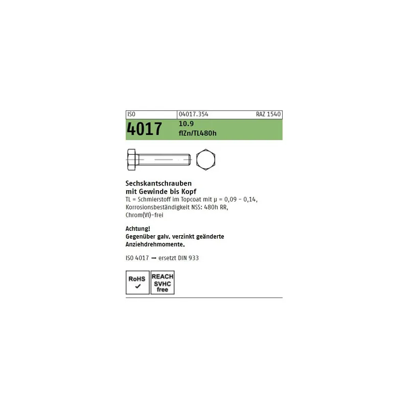 Abverkauf ISO 4017 6KT-Schrauben Stahl 10.9 Zinklamellenbeschichtung M6x30 500St.