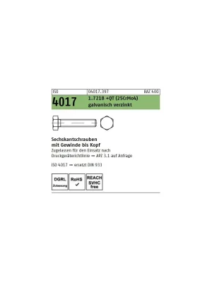 Abverkauf ISO 4017 1.7218 +QT (25CrMo4) galvanisch verzinkt Sechskantschrauben mit Gewinde bis Kopf - Abmessung M 30 x 100 (1 Stück)