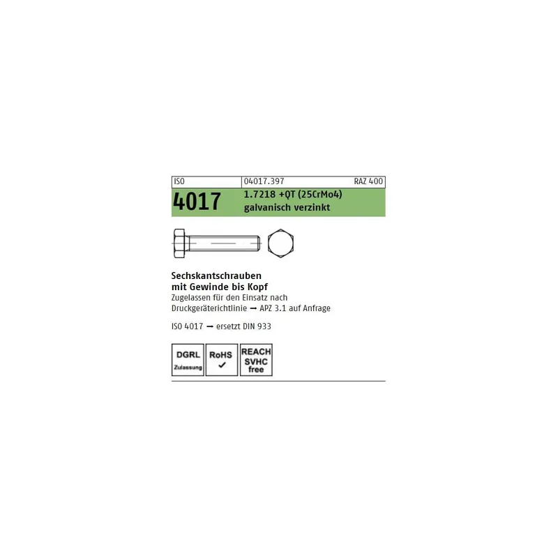 Abverkauf ISO 4017 1.7218 +QT (25CrMo4) galvanisch verzinkt Sechskantschrauben mit Gewinde bis Kopf - Abmessung M 30 x 100 (1 Stück)