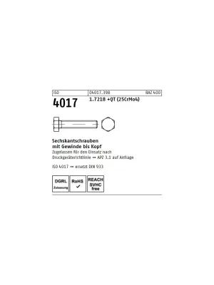Abverkauf ISO 4017 1.7218 +QT (25CrMo4) Sechskantschrauben mit Gewinde bis Kopf - Abmessung M 24 x 45 (25 Stück)