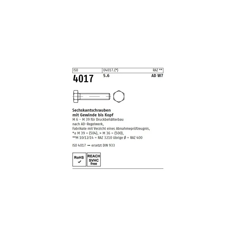 Abverkauf ISO 4017 6KT-Schrauben Stahl 5.6 M27x140, ADW7 1St.