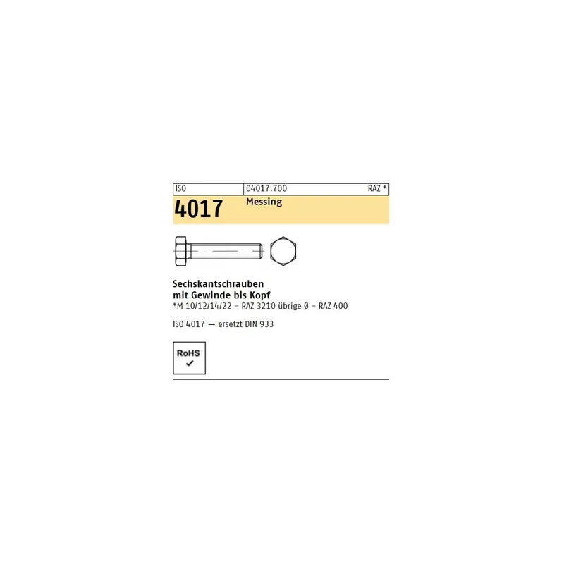 Sale ISO 4017 Messing Sechskantschrauben mit Gewinde bis Kopf - Abmessung M 20 x 80 (1 Stück)