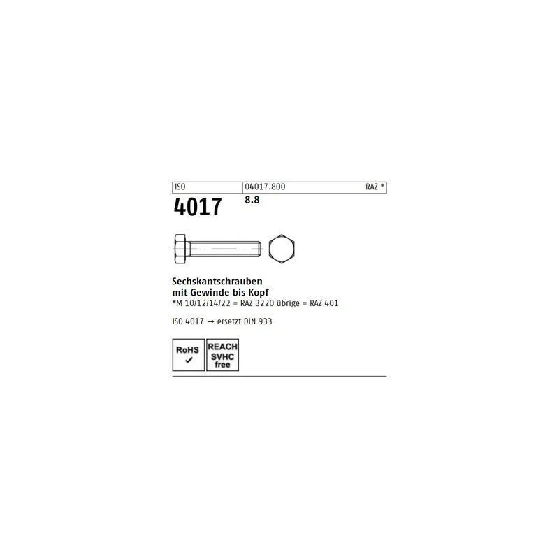 Abverkauf ISO 4017 8.8 Sechskantschrauben mit Gewinde bis Kopf - Abmessung M 14 x 140 (50 Stück)