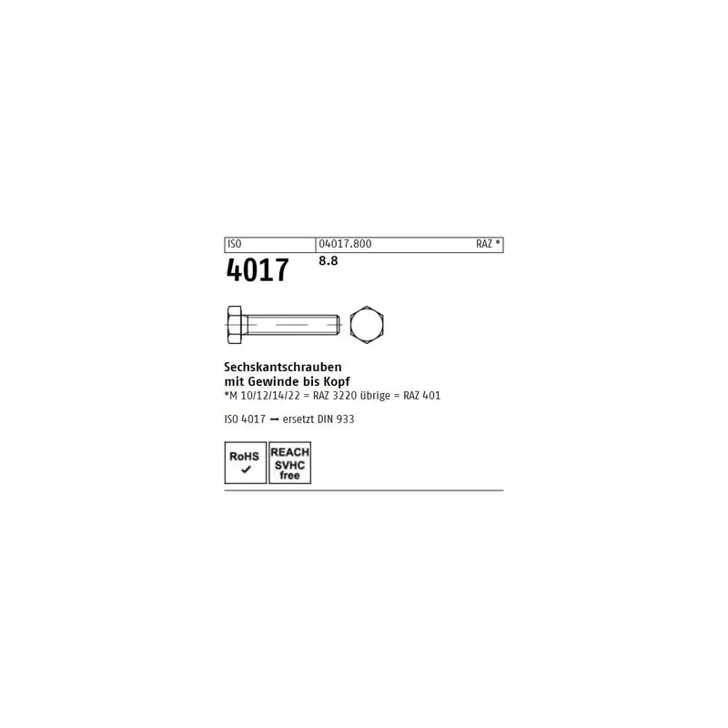 Abverkauf ISO 4017 8.8 Sechskantschrauben mit Gewinde bis Kopf - Abmessung M 22 x 40 (25 Stück)