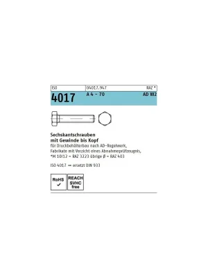Abverkauf ISO 4017 A 4 - 70 AD W2 Sechskantschrauben mit Gewinde bis Kopf - Abmessung M 12 x 40 (50 Stück)
