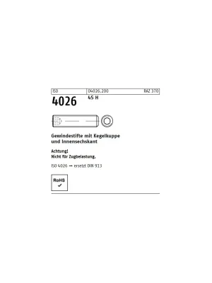 Gewindestifte ISO 4026 (=DIN 913) - M2,5x10 - Kegelkuppe und Innensechskant - Stahl 45h - 500 Stück Preisknaller