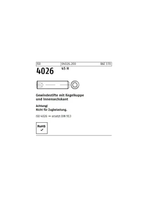 Ausverkauf Gewindestifte ISO 4026 (=DIN 913) - M2,5x8 - Kegelkuppe und Innensechskant - Stahl 45h - 500 Stück